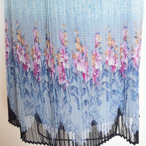 vintage 80s dress blue floral border print secretary belted pleated midi L - Picture 6 of 13